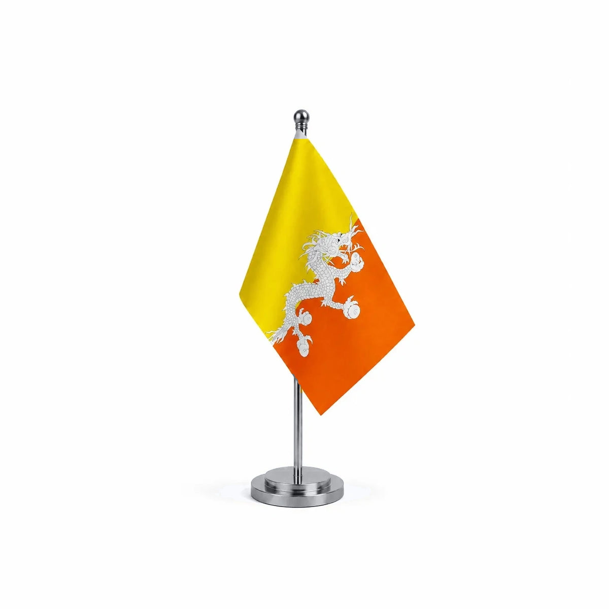 Drapeau bureau du Bhoutan modèle Argent avec mât et socle en acier inoxydable