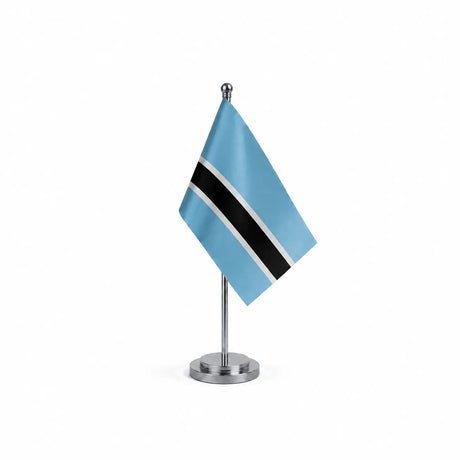 Drapeau bureau du Botswana modèle Argent avec mât et socle en acier inoxydable