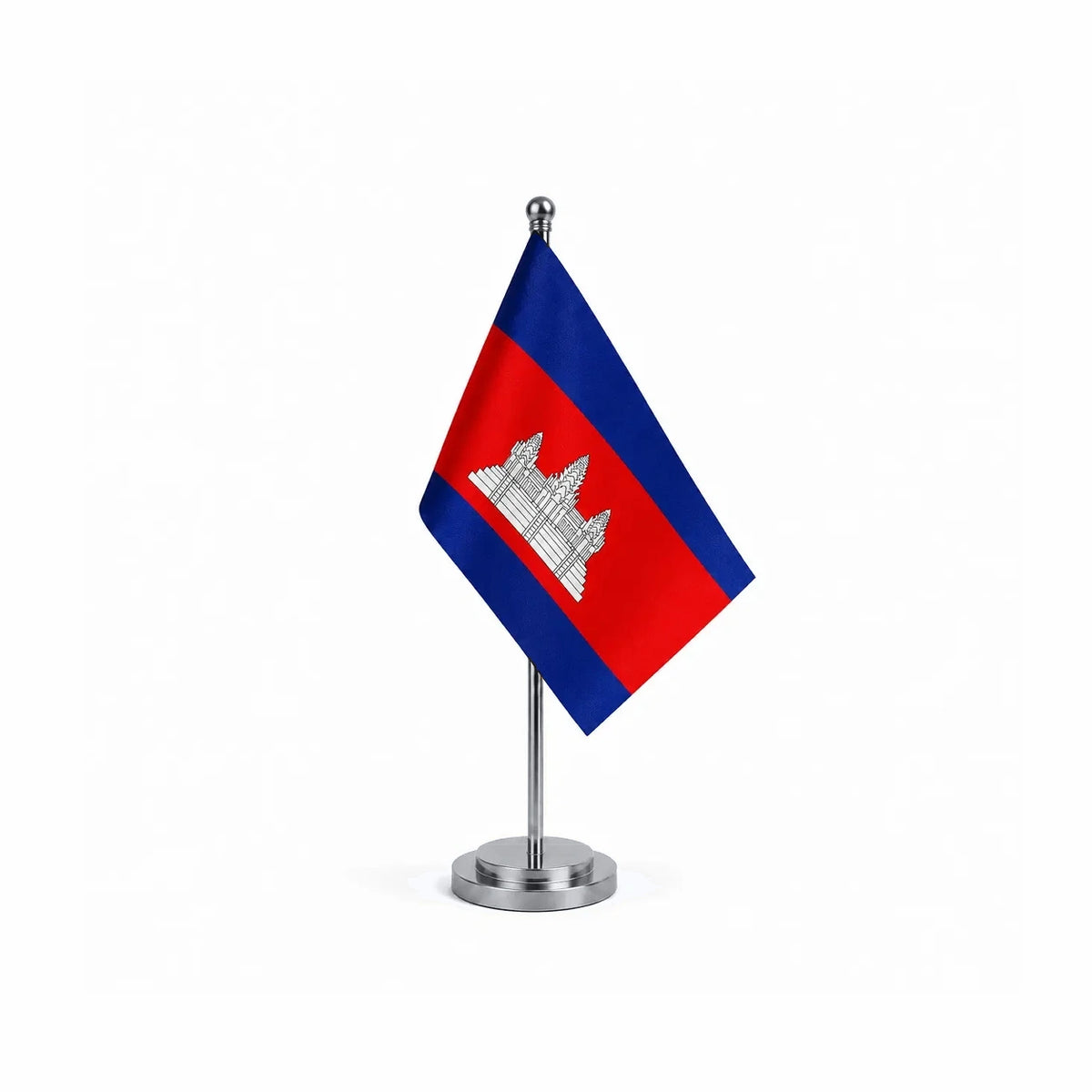 Drapeau bureau du Cambodge modèle Argent avec mât et socle en acier inoxydable