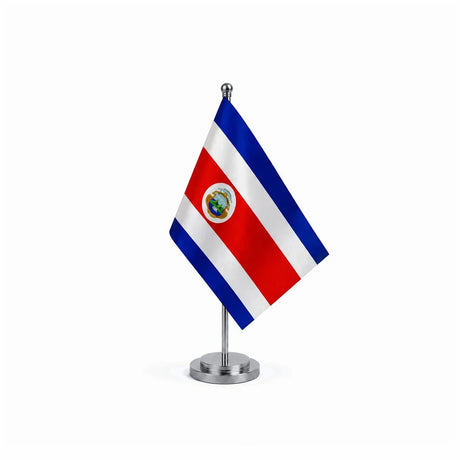 Drapeau bureau du Costa Rica modèle Argent avec mât et socle en acier inoxydable