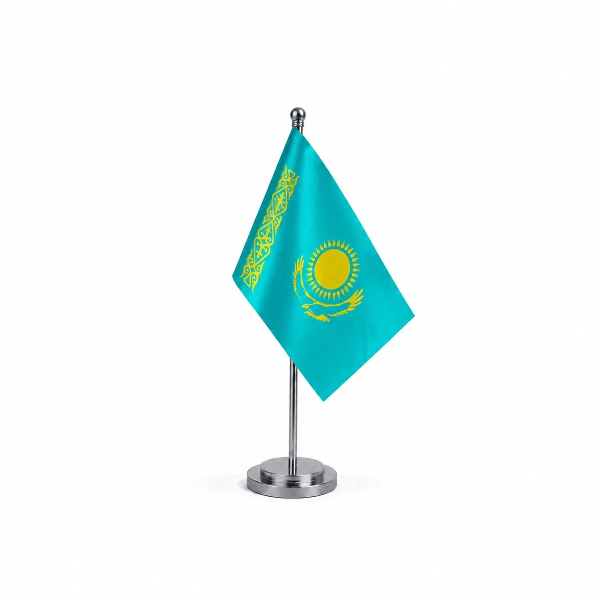 Drapeau bureau du Kazakhstan modèle Argent avec mât et socle en acier inoxydable