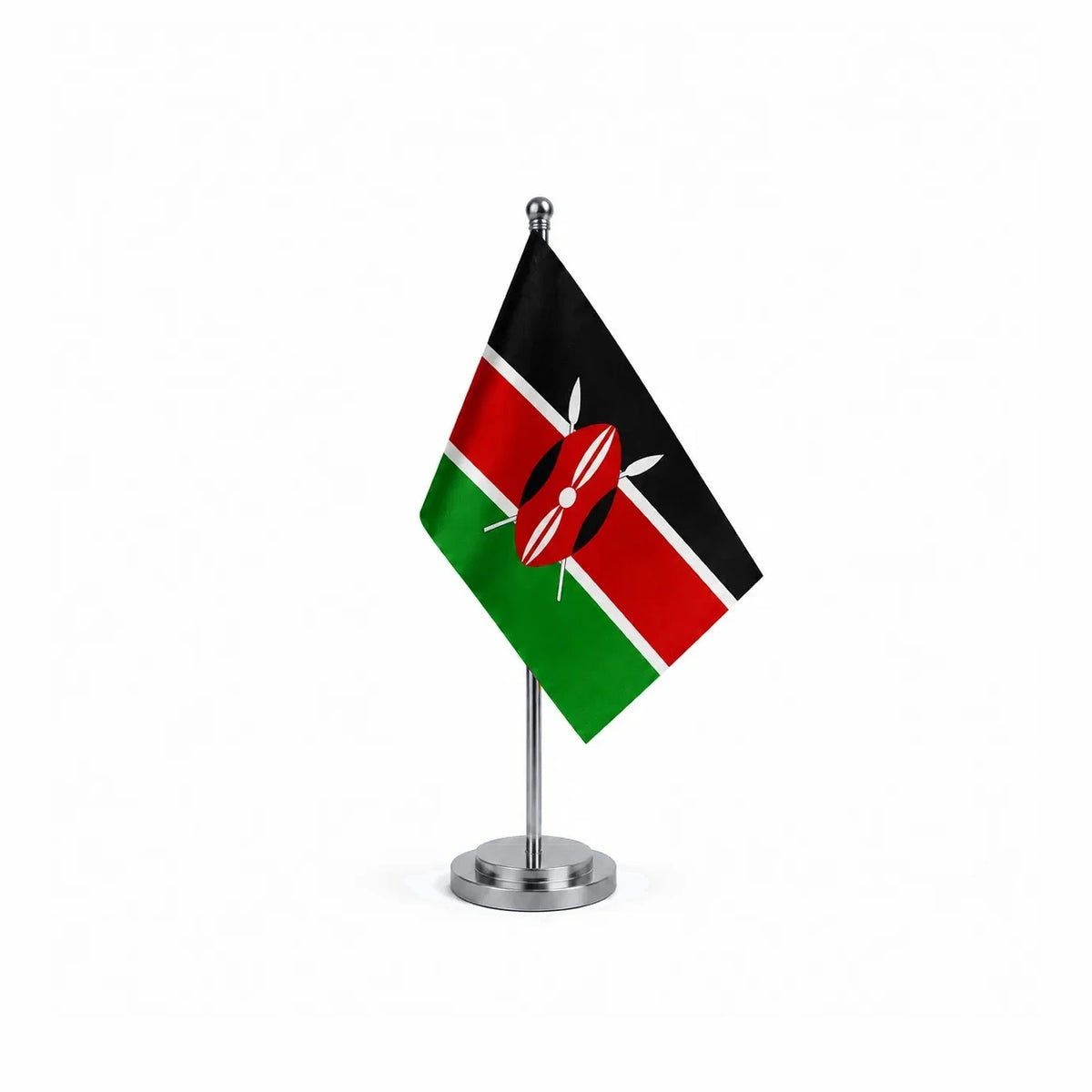 Drapeau bureau du Kenya modèle Argent avec mât et socle en acier inoxydable