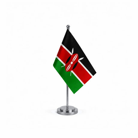Drapeau bureau du Kenya modèle Argent avec mât et socle en acier inoxydable