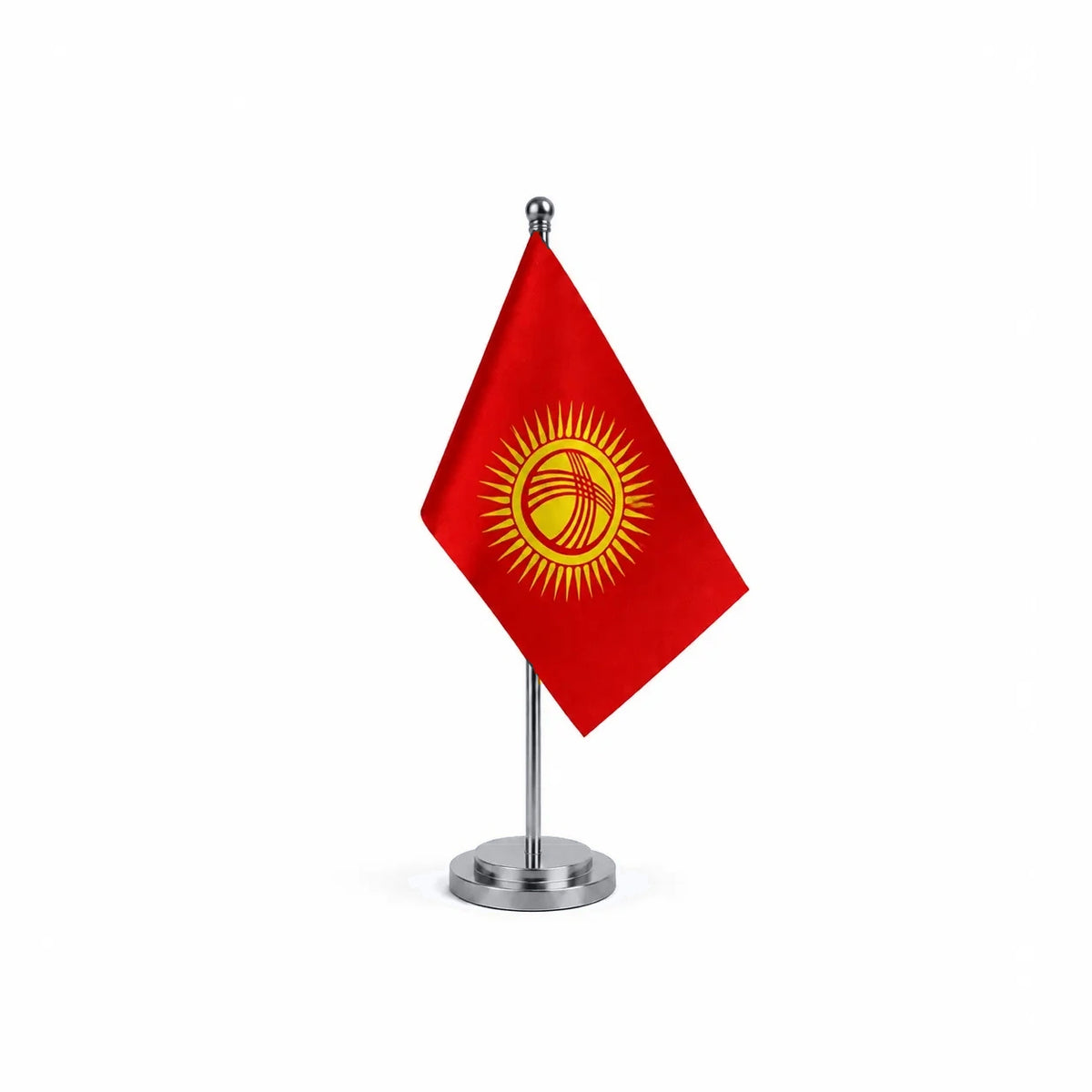 Drapeau bureau du Kirghizistan modèle Argent avec mât et socle en acier inoxydable