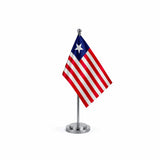 Drapeau bureau du Liberia modèle Argent avec mât et socle en acier inoxydable