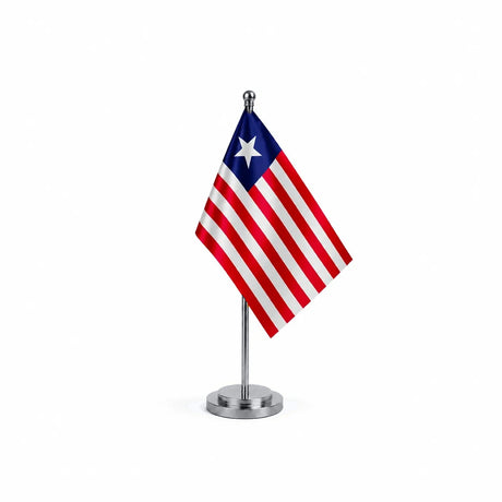 Drapeau bureau du Liberia modèle Argent avec mât et socle en acier inoxydable