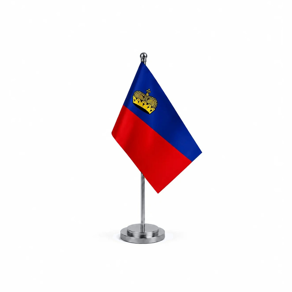 Drapeau bureau du Liechtenstein modèle Argent avec mât et socle en acier inoxydable