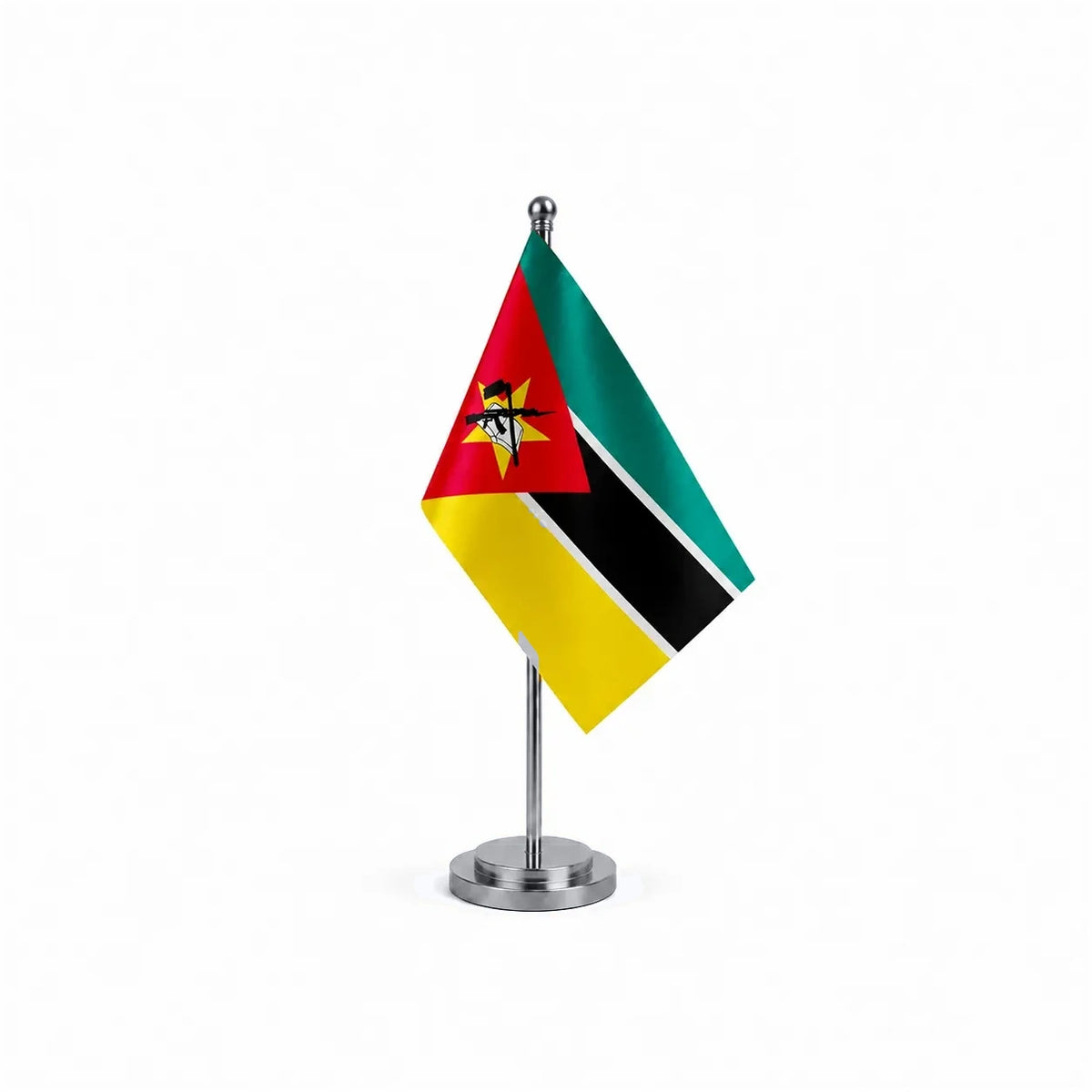 Drapeau bureau du Mozambique modèle Argent avec mât et socle en acier inoxydable
