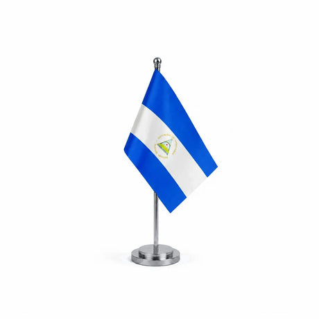 Drapeau bureau du Nicaragua modèle Argent avec mât et socle en acier inoxydable
