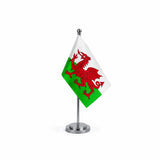 Drapeau bureau du pays de Galles modèle Argent avec mât et socle en acier inoxydable
