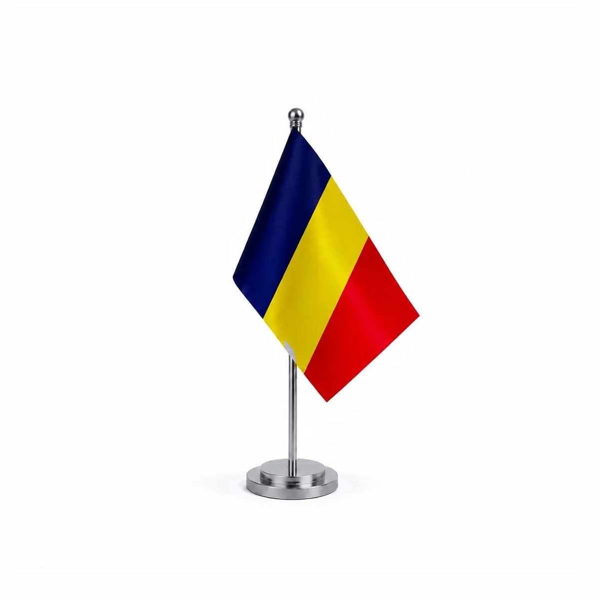 Drapeau bureau du Tchad modèle Argent avec mât et socle en acier inoxydable