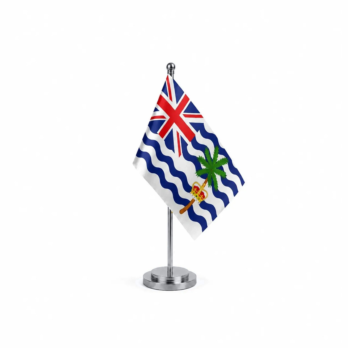 Drapeau bureau du Territoire britannique de l'océan Indien modèle Argent avec mât et socle en acier inoxydable