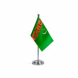 Drapeau bureau du Turkménistan modèle Argent avec mât et socle en acier inoxydable