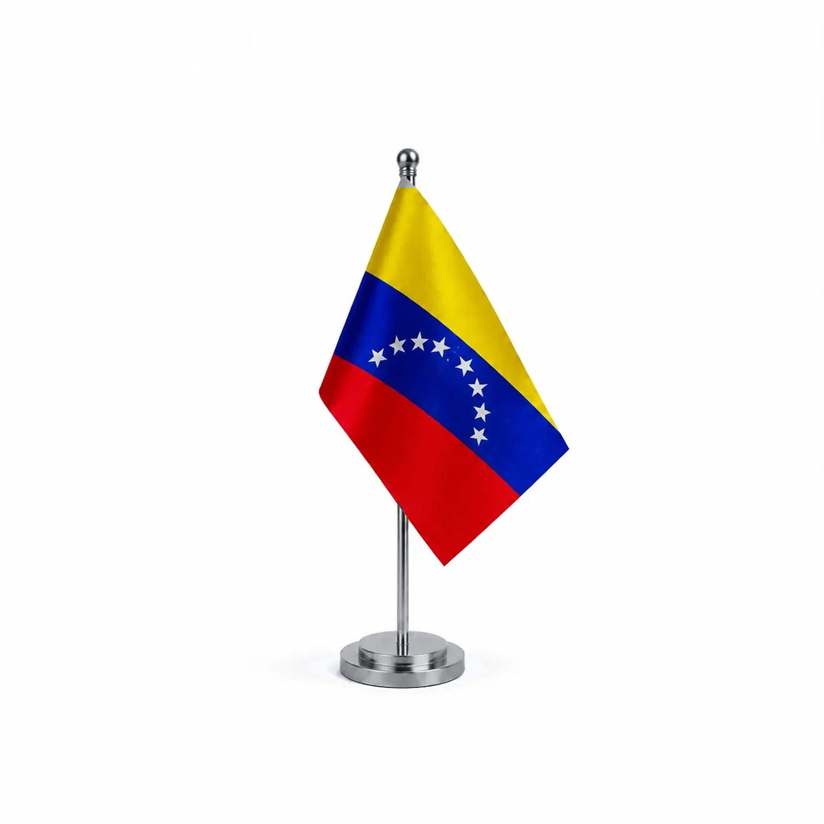 Drapeau bureau du Venezuela modèle Argent avec mât et socle en acier inoxydable