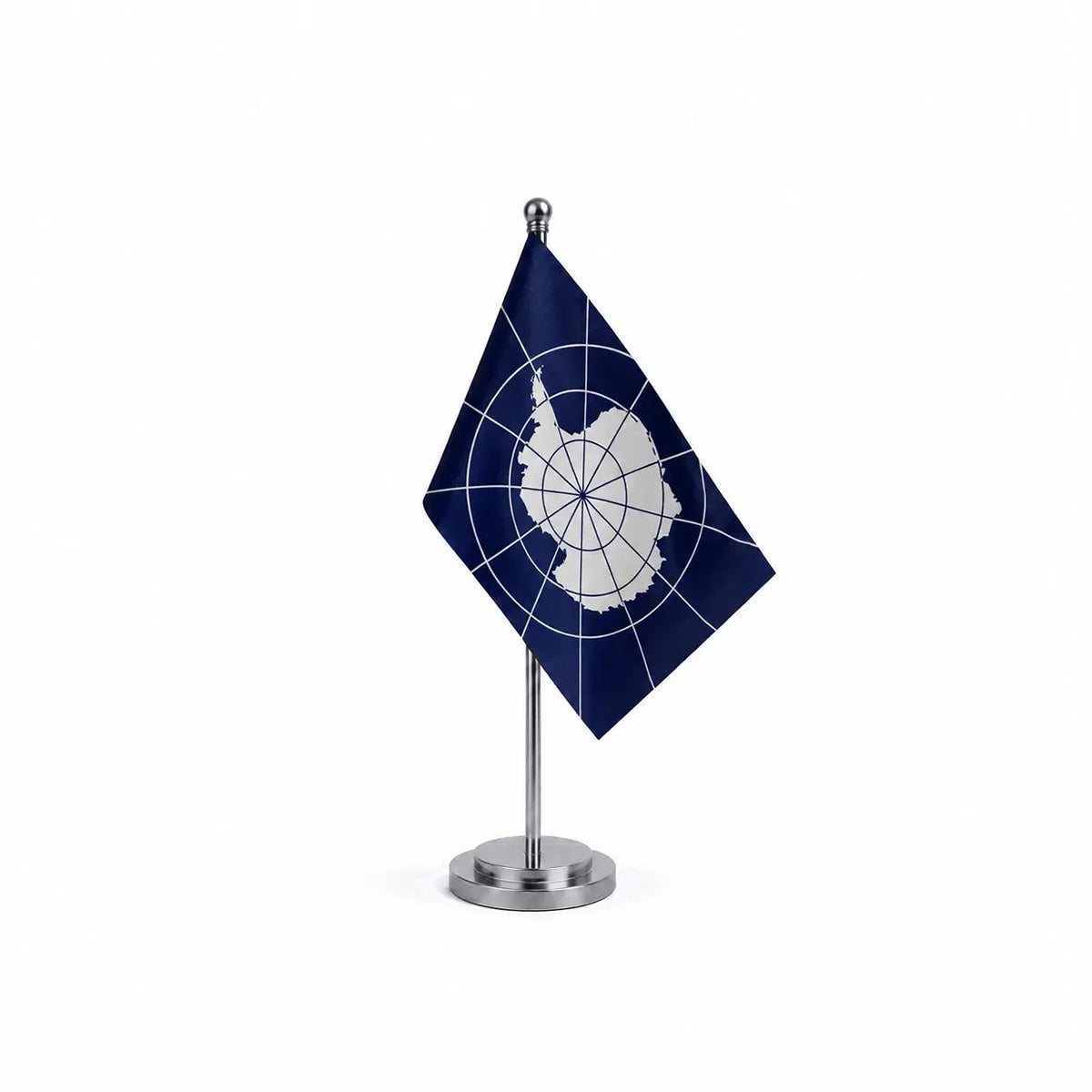 Drapeau bureau l'Antarctique modèle Argent avec mât et socle en acier inoxydable