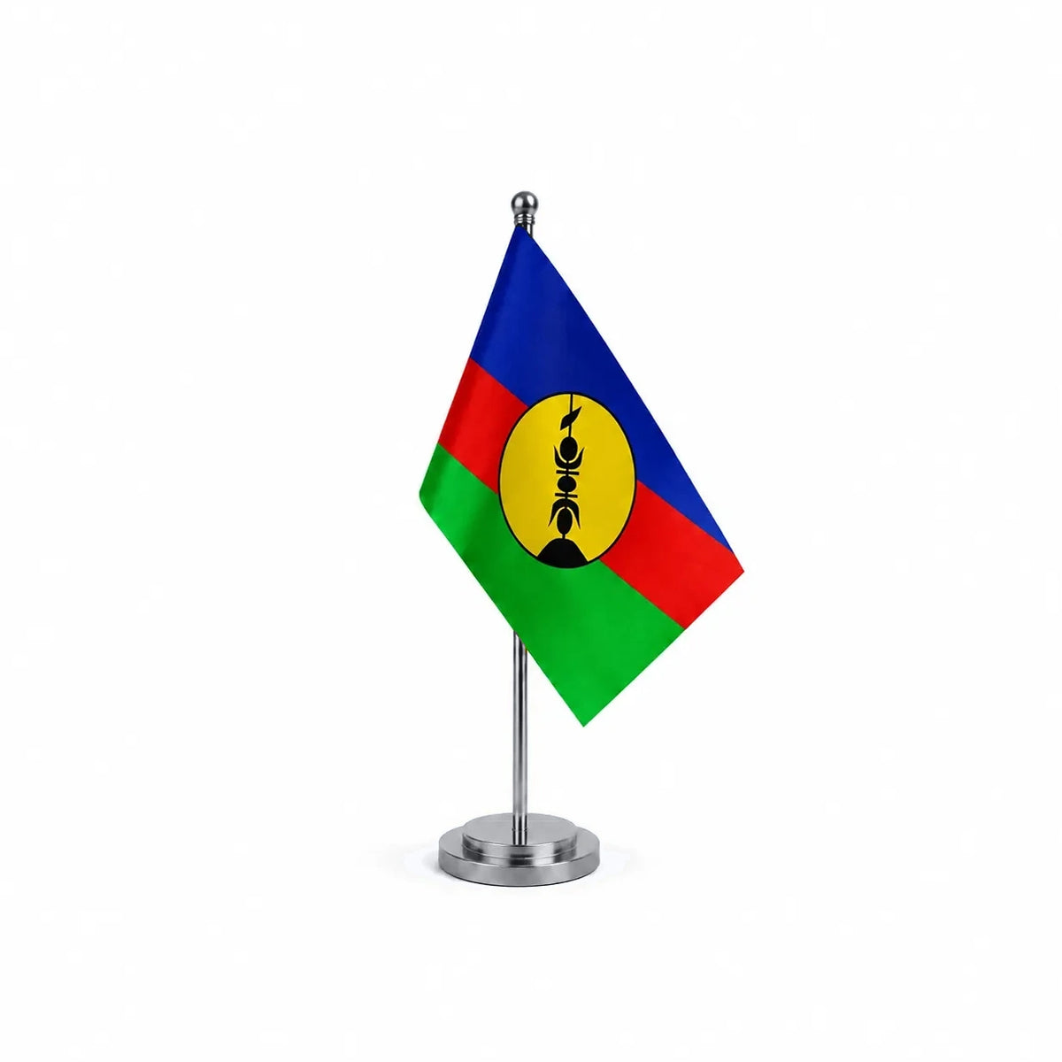 Drapeau bureau de la Nouvelle-Calédonie modèle Argent avec mât et socle en acier inoxydable