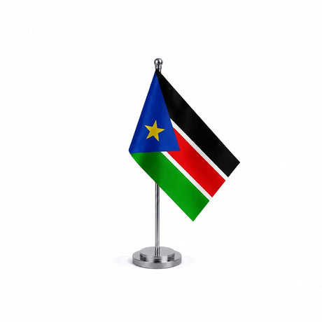 Drapeau bureau du Soudan du Sud modèle Argent avec mât et socle en acier inoxydable