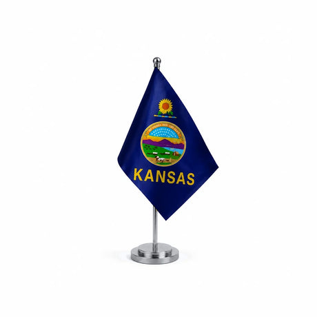 Drapeau Bureau du Kansas modèle Argent avec mât et socle en acier inoxydable