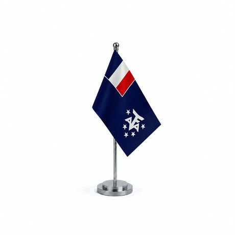 Drapeau bureau l'Antarctique française modèle Argent avec mât et socle en acier inoxydable