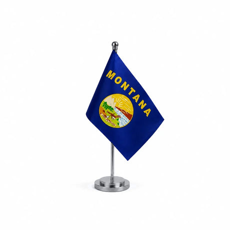 Drapeau Bureau du Montana modèle Argent avec mât et socle en acier inoxydable
