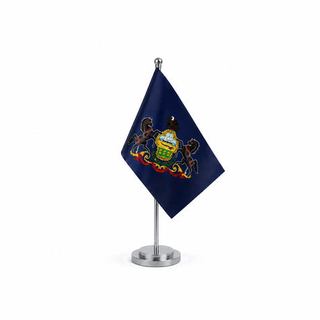 Drapeau Bureau de la Pennsylvanie modèle Argent avec mât et socle en acier inoxydable