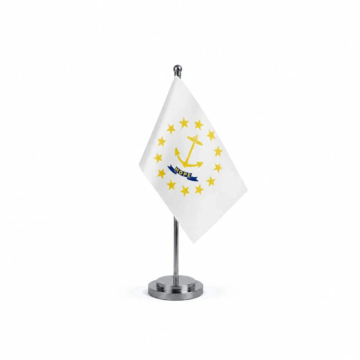 Drapeau Bureau Rhode Island modèle Argent avec mât et socle en acier inoxydable