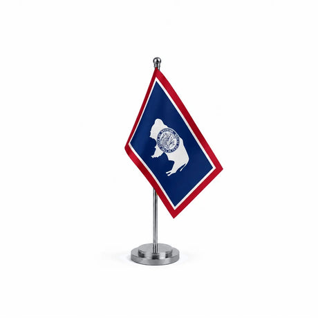 Drapeau Bureau du Wyoming modèle Argent avec mât et socle en acier inoxydable