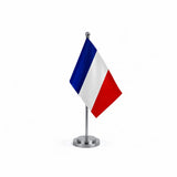 Drapeau de bureau France avec mât et socle argent en acier inoxydable