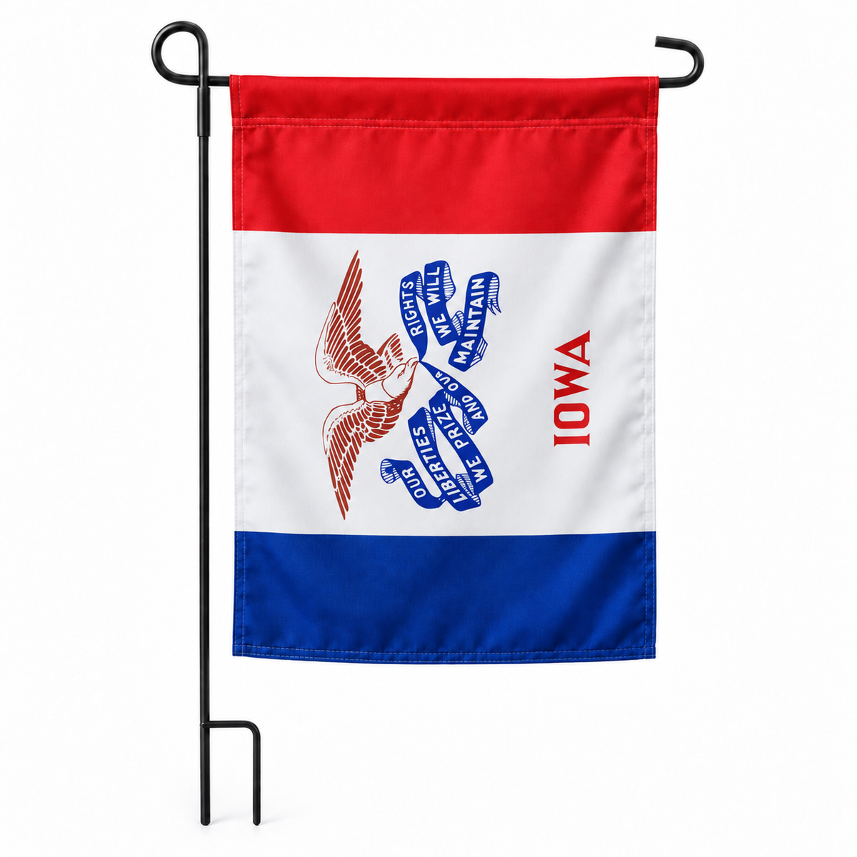 Drapeau jardin vertical Iowa sur support noir