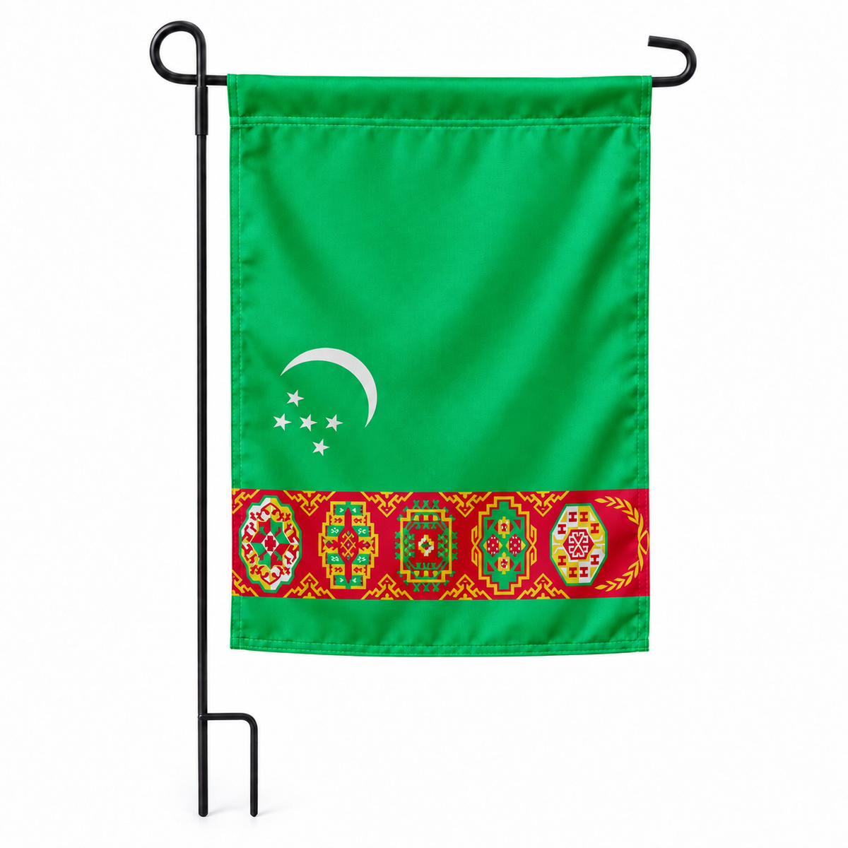 Drapeau jardin vertical Turkménistan sur support noir