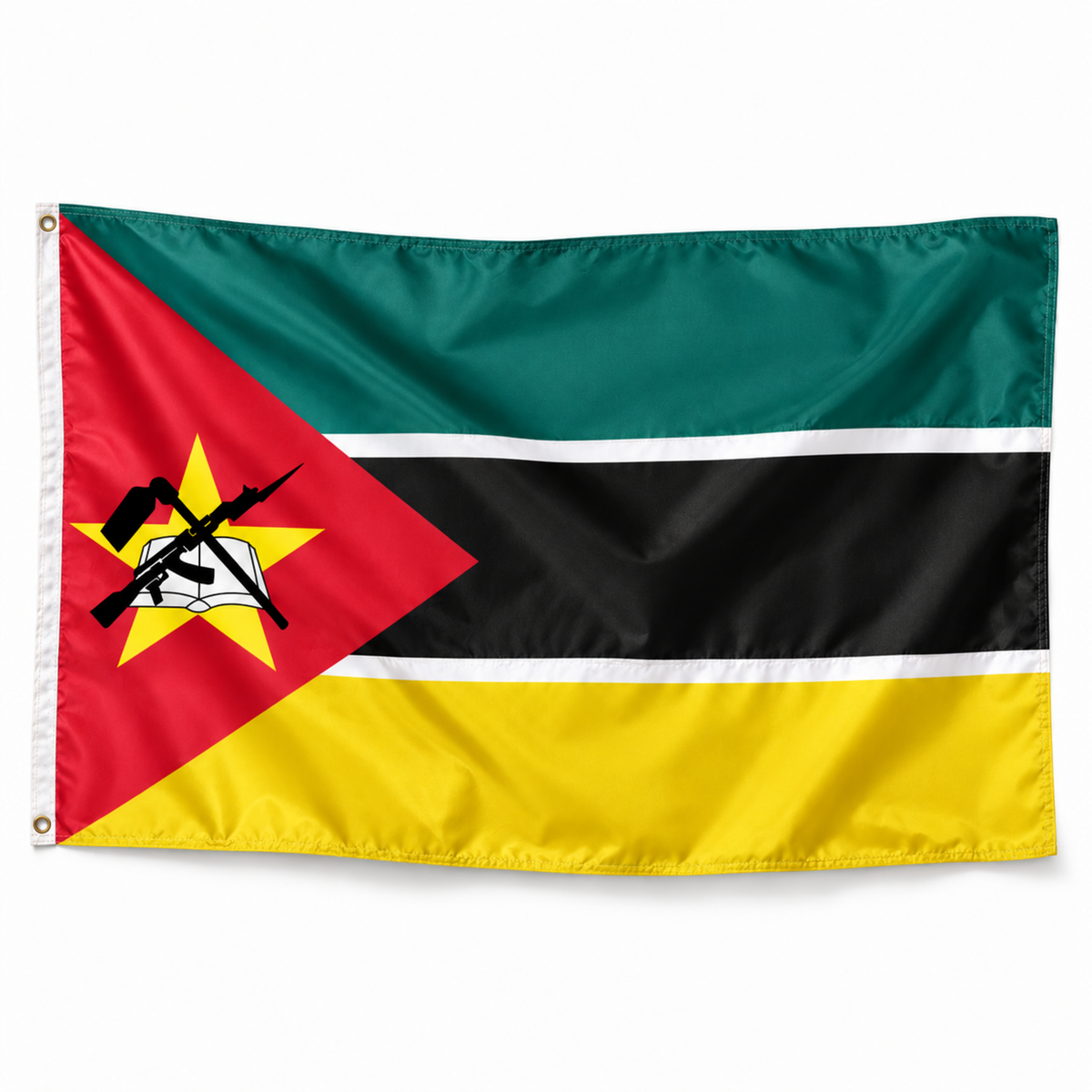 Drapeau du Mozambique – photo produit réaliste IA, polyester avec bande blanche et œillets