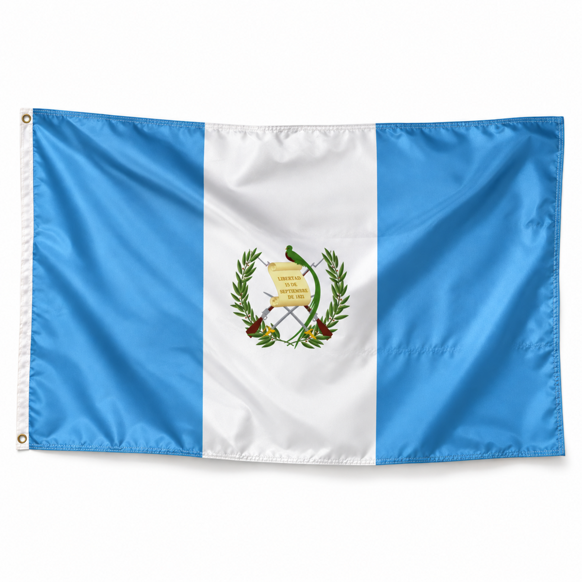 Drapeau du Guatemala – photo produit réaliste IA, polyester avec bande blanche et œillets